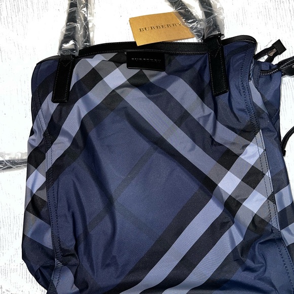 Nylon Check Small Buckleigh Packable Tote Navy Blue - Picture 3 of 5